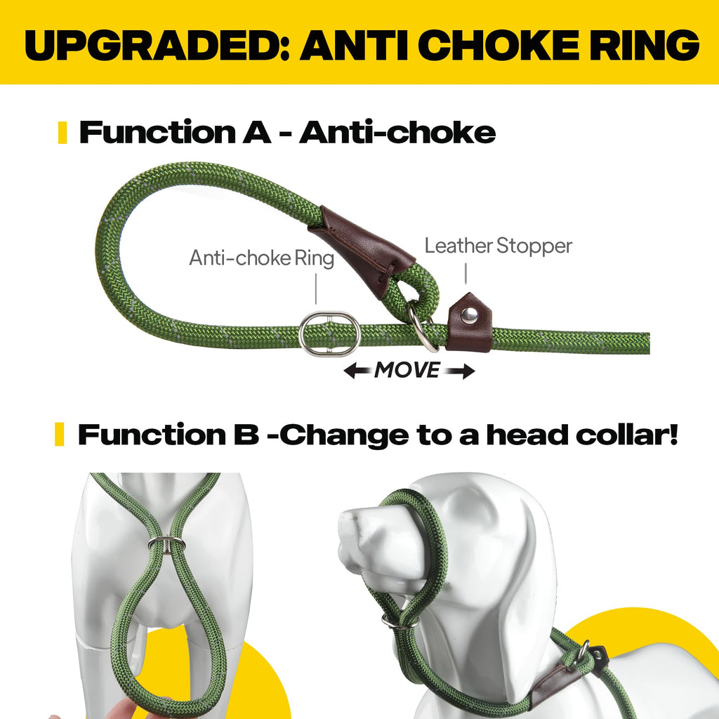 Fida Slip Lead for Dogs | 1.8m, One-Size-Fits-All, Slip-On Rope Leash. Easy to Slip On, No Collar or Harness Needed. Durable & Weather Resistant Climbers Rope with Reflective Stitching (Green)
