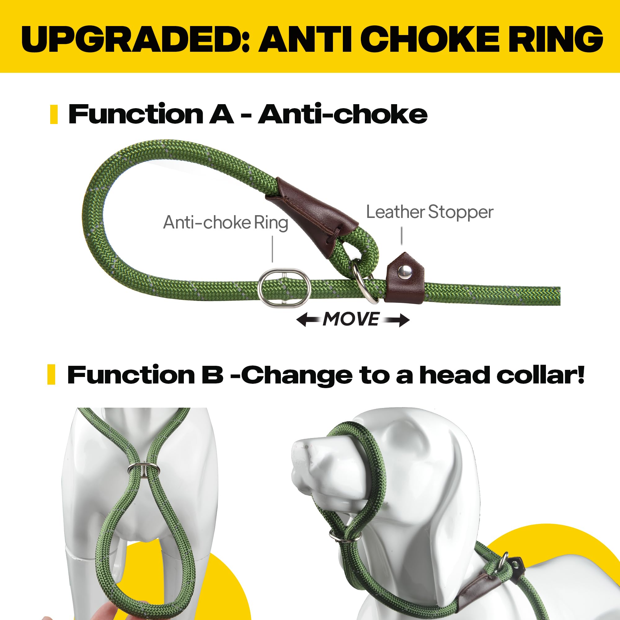 Fida Slip Lead for Dogs | 1.8m, One-Size-Fits-All, Slip-On Rope Leash. Easy to Slip On, No Collar or Harness Needed. Durable & Weather Resistant Climbers Rope with Reflective Stitching (Green)
