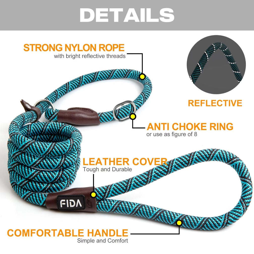 Fida Slip Lead for Dogs | 1.8m, One-Size-Fits-All, Slip-On Rope Leash. Easy to Slip On, No Collar or Harness Needed. Durable & Weather Resistant Climbers Rope with Reflective Stitching (Green)