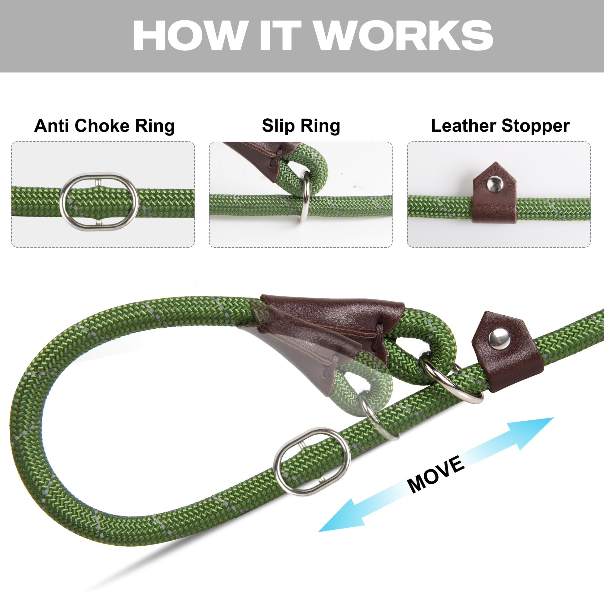 Fida Slip Lead for Dogs | 1.8m, One-Size-Fits-All, Slip-On Rope Leash. Easy to Slip On, No Collar or Harness Needed. Durable & Weather Resistant Climbers Rope with Reflective Stitching (Green)