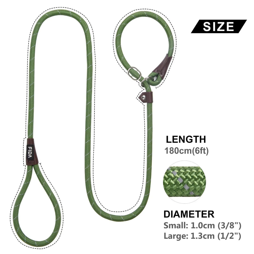 Fida Slip Lead for Dogs | 1.8m, One-Size-Fits-All, Slip-On Rope Leash. Easy to Slip On, No Collar or Harness Needed. Durable & Weather Resistant Climbers Rope with Reflective Stitching (Green)