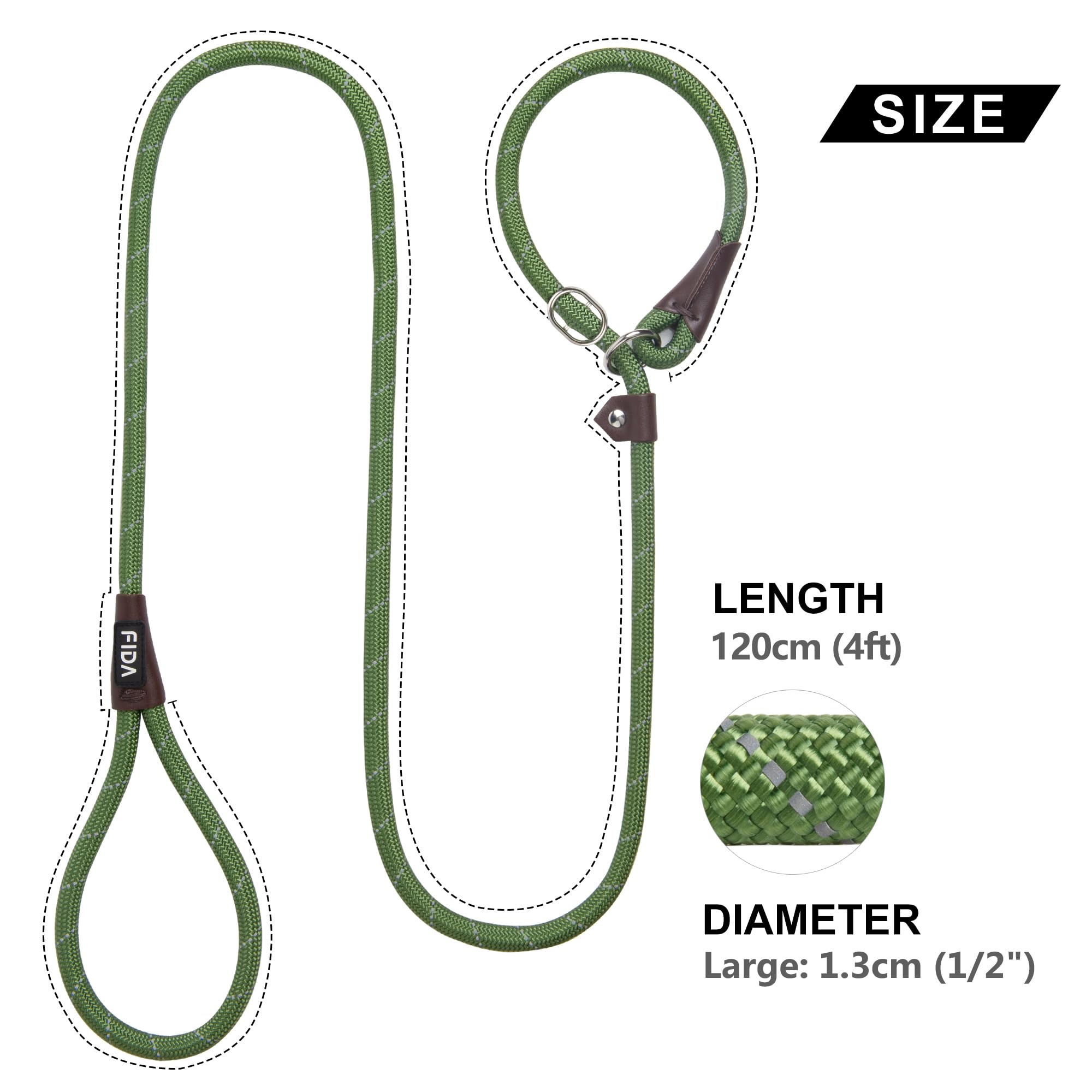 Fida Slip Lead for Dogs | 1.8m, One-Size-Fits-All, Slip-On Rope Leash. Easy to Slip On, No Collar or Harness Needed. Durable & Weather Resistant Climbers Rope with Reflective Stitching (Green)