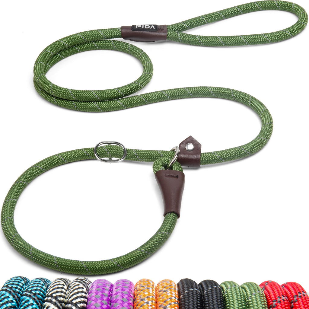 Fida Slip Lead for Dogs | 1.8m, One-Size-Fits-All, Slip-On Rope Leash. Easy to Slip On, No Collar or Harness Needed. Durable & Weather Resistant Climbers Rope with Reflective Stitching (Green)