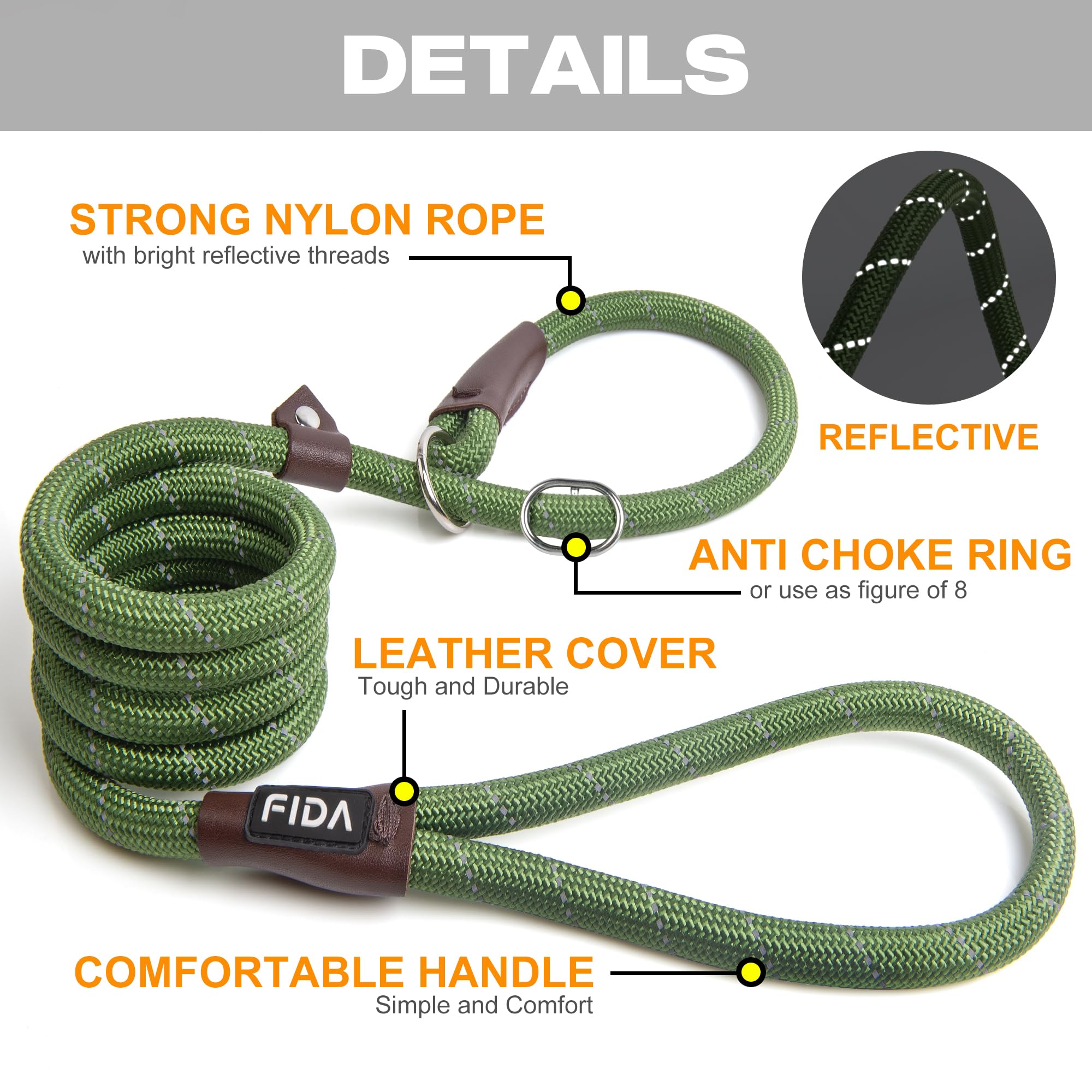 Fida Slip Lead for Dogs | 1.8m, One-Size-Fits-All, Slip-On Rope Leash. Easy to Slip On, No Collar or Harness Needed. Durable & Weather Resistant Climbers Rope with Reflective Stitching (Green)
