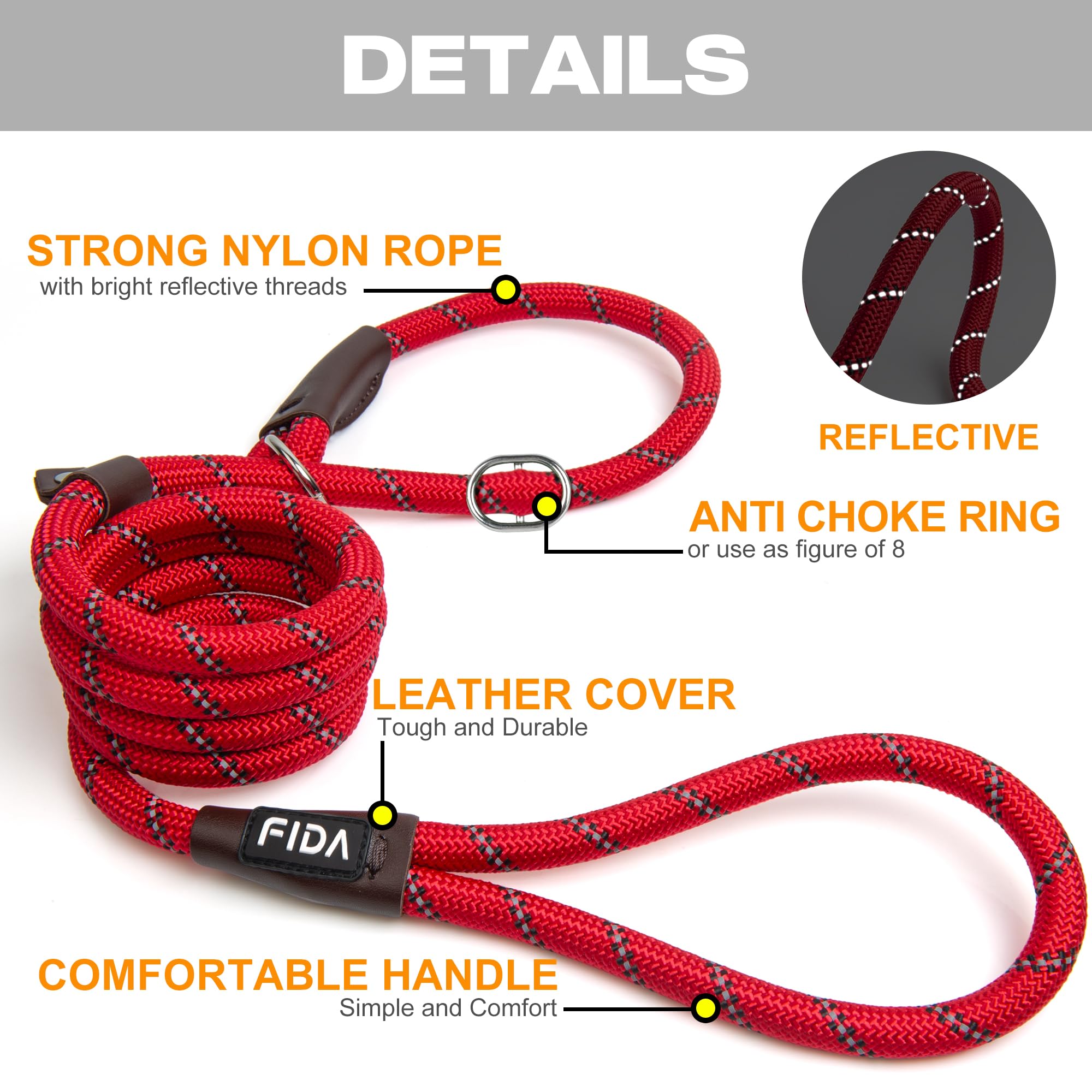 Fida Slip Lead for Dogs | 1.8m, One-Size-Fits-All, Slip-On Rope Leash. Easy to Slip On, No Collar or Harness Needed. Durable & Weather Resistant Climbers Rope with Reflective Stitching (Green)