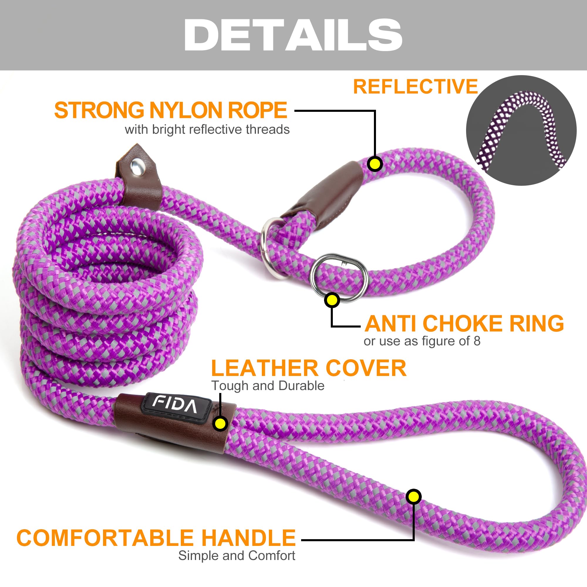 Fida Slip Lead for Dogs | 1.8m, One-Size-Fits-All, Slip-On Rope Leash. Easy to Slip On, No Collar or Harness Needed. Durable & Weather Resistant Climbers Rope with Reflective Stitching (Green)